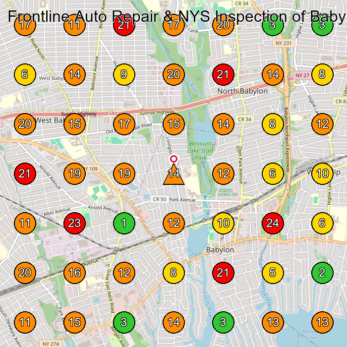 Frontline Auto Repair & NYS Inspection of Babylon Auto Repair Shop GeoGrid ranking map for Babylon NY